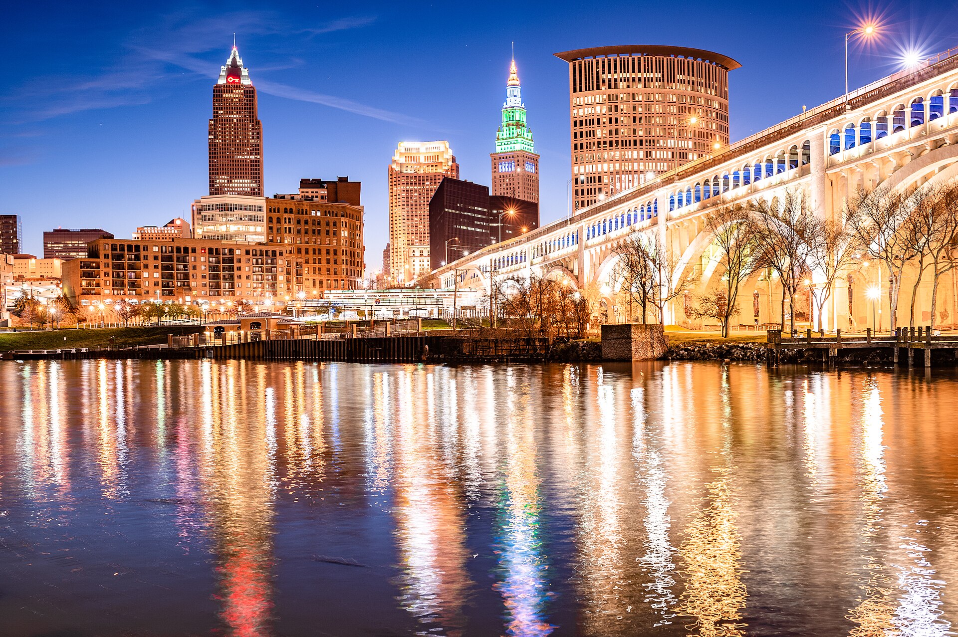 The Cuyahoga River through the Flats in Cleveland at dusk